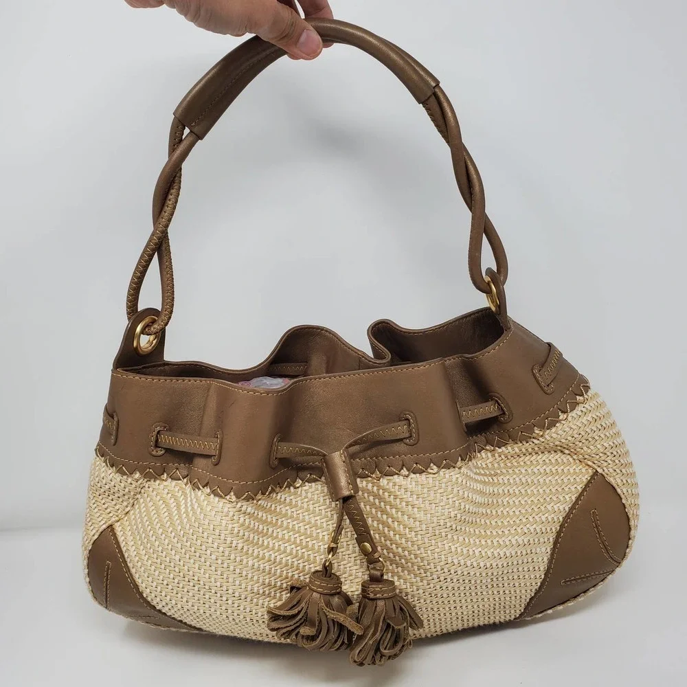 Cole Haan Saram Straw Braided Tote Bag with Tassels Shoulder Purse Boho Chic